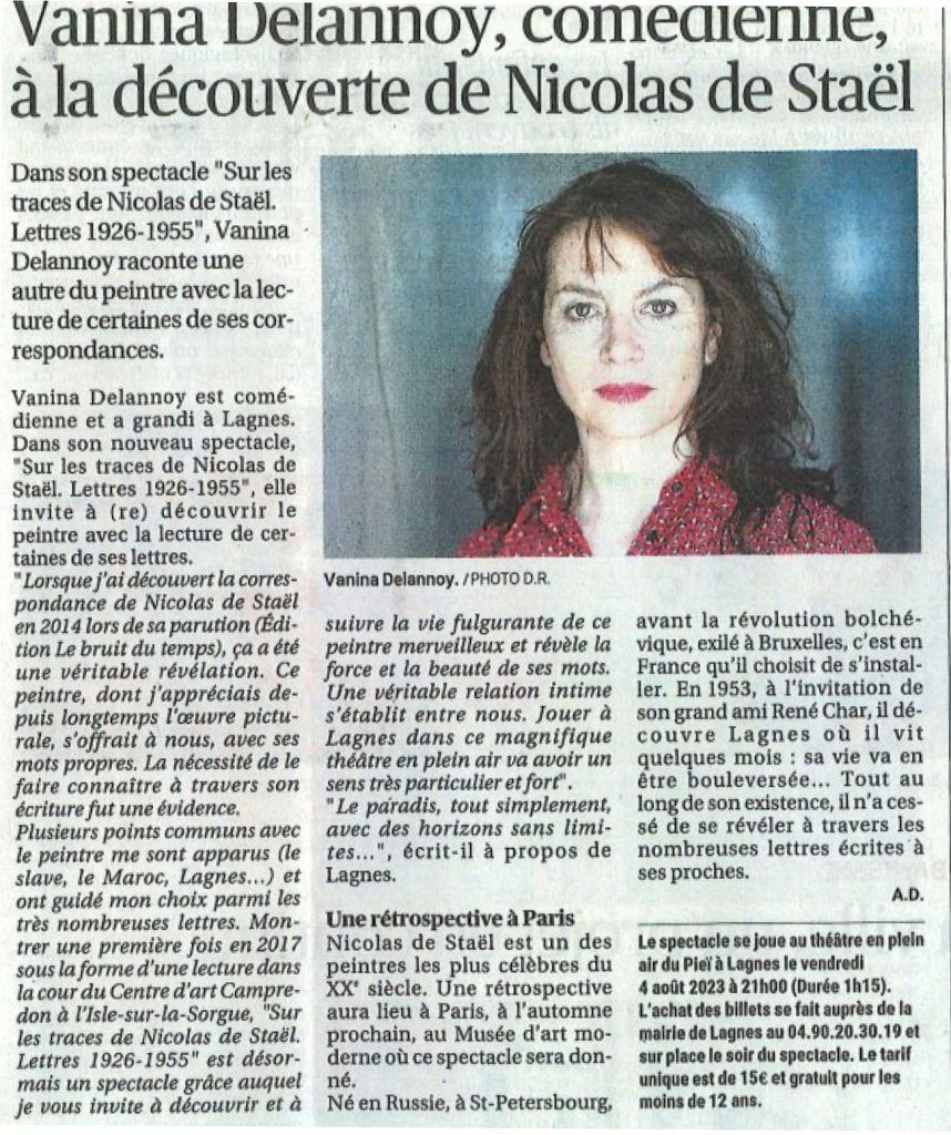 Extrait d'un article de presse de la Provence sur le spectacle Nicolas de Staël